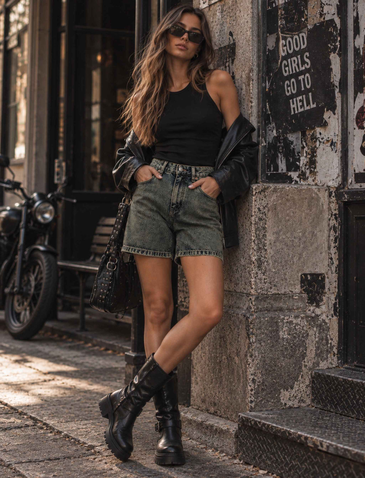 Dunkle High-Waist Jeans-Shorts für Damen im Washed-Look kombiniert in einem herbstlichen Outfit