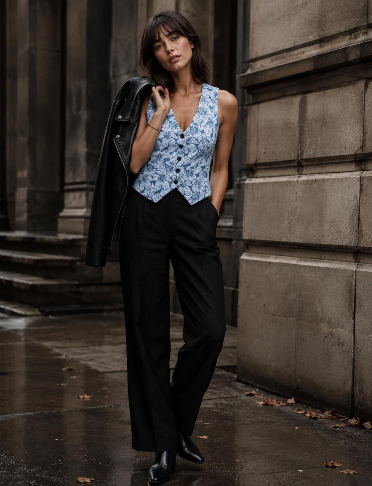 Jacquard-Weste für Damen mit Knopfleiste und floraler Struktur in einem modernen Herbst-Outfit