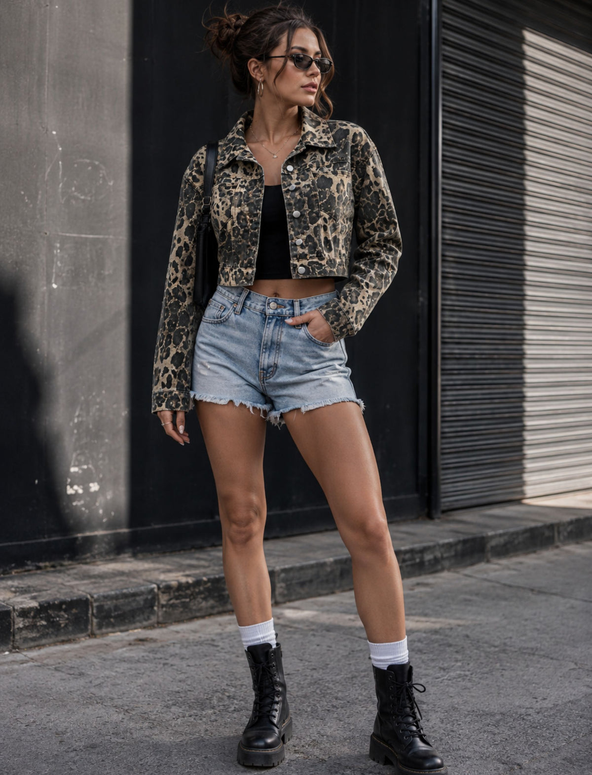 Kurze Damen Jeansjacke mit Leopardenmuster kombiniert mit Jeans Shorts