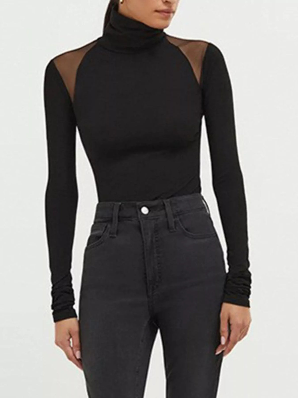 Schwarzer Langarm-Body für Damen mit transparenten Mesh-Partien und hohem Rollkragen