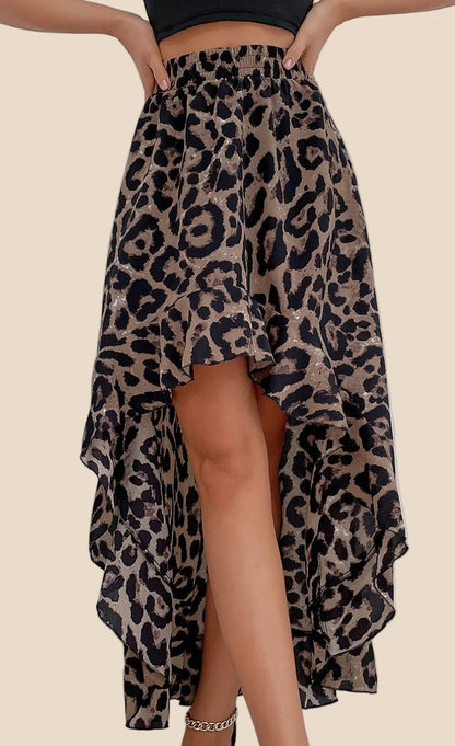 Leopardenrock für Damen mit seitlicher Ansicht des asymmetrischen High-Low-Saums