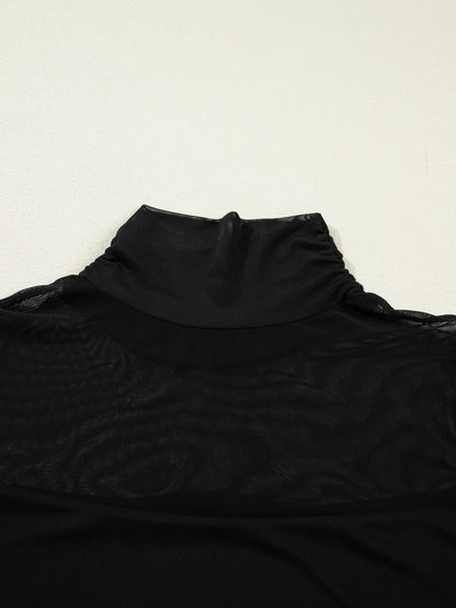 Produktansicht des Mesh-Langarmtops für Damen mit Stehkragen und transparenten Einsätzen