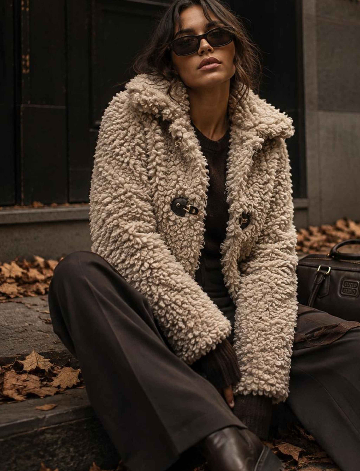 Beige Teddyjacke für Damen in weicher Bouclé-Optik mit großem Kragen und Knebelverschlüssen im herbstlichen Rebel Streetstyle