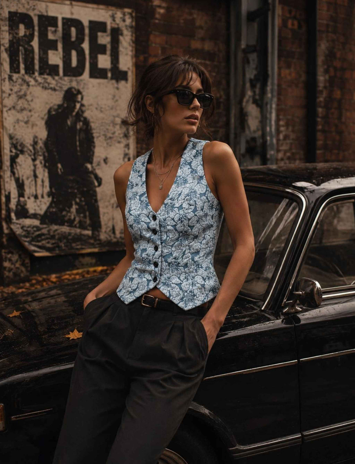 Blaue taillierte Weste für Damen mit floralem Muster und Knopfleiste kombiniert mit schwarzer Hose im herbstlichen Rebel Streetstyle
