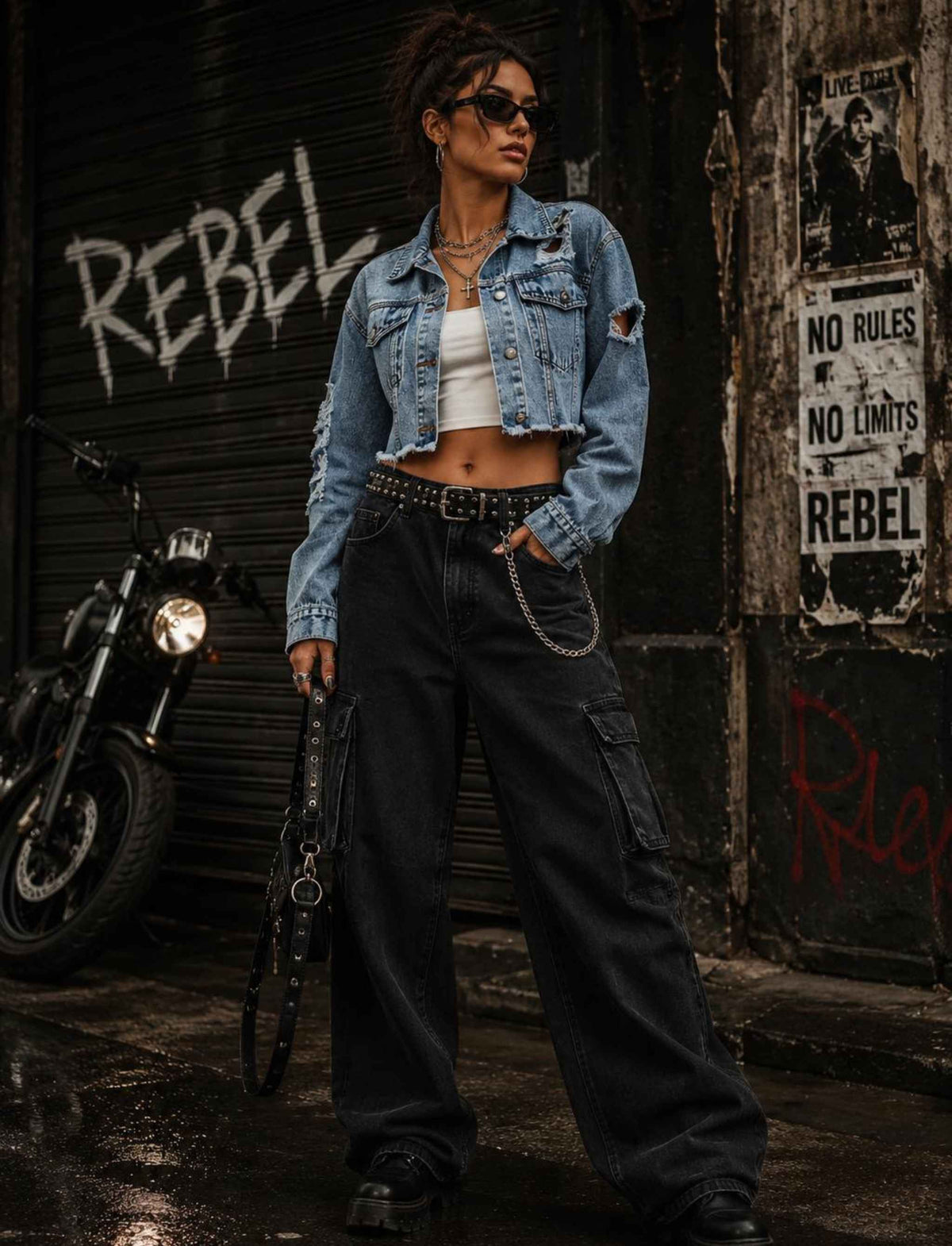 Blaue kurze Jeansjacke für Damen im Distressed-Look mit Used-Details im herbstlichen Rebel Streetstyle