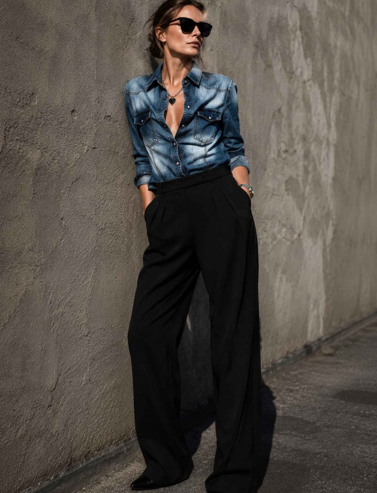 Blaue Jeansbluse für Damen mit langen Ärmeln und Brusttaschen kombiniert mit schwarzer Wide-Leg-Hose im herbstlichen Rebel Streetstyle