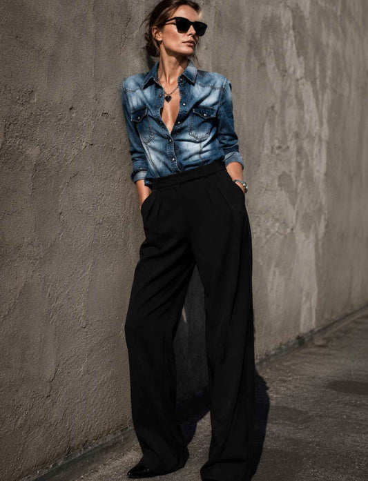 Blaue Jeansbluse für Damen mit langen Ärmeln und Brusttaschen kombiniert mit schwarzer Wide-Leg-Hose im herbstlichen Rebel Streetstyle