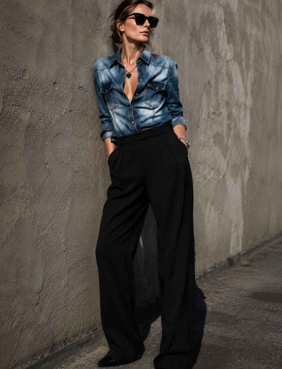 Vintage Jeansbluse mit Knopfleiste und Washed-Look