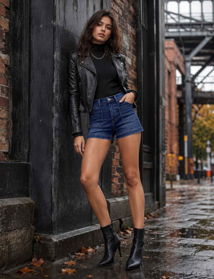 Blaue High-Waist Jeansshorts für Damen kombiniert mit schwarzem Rollkragenpullover und Lederjacke im herbstlichen Rebel Streetstyle