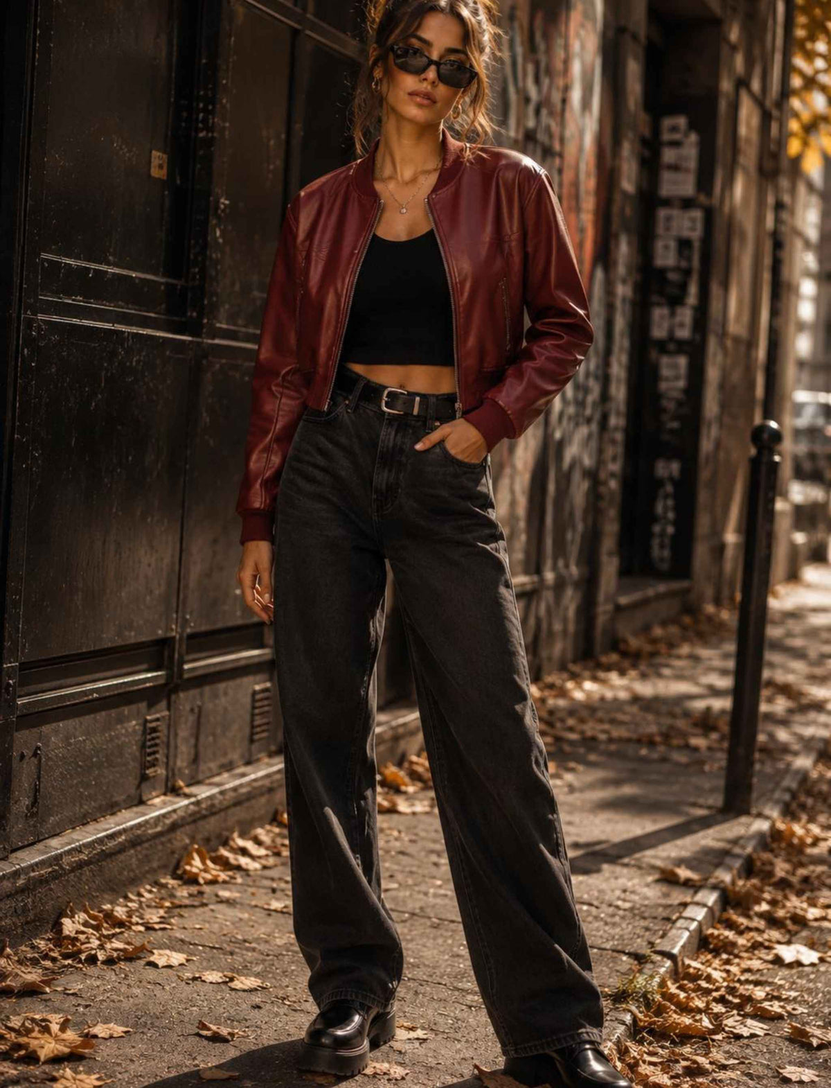 Bordeauxrote Cropped-Kunstlederjacke für Damen kombiniert mit schwarzem Crop-Top und dunkler Wide-Leg-Jeans im herbstlichen Rebel Streetstyle