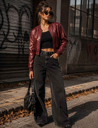 Bordeauxrote kurze Kunstlederjacke für Damen kombiniert mit schwarzem Crop-Top und dunkler Wide-Leg-Jeans im herbstlichen Rebel Streetstyle