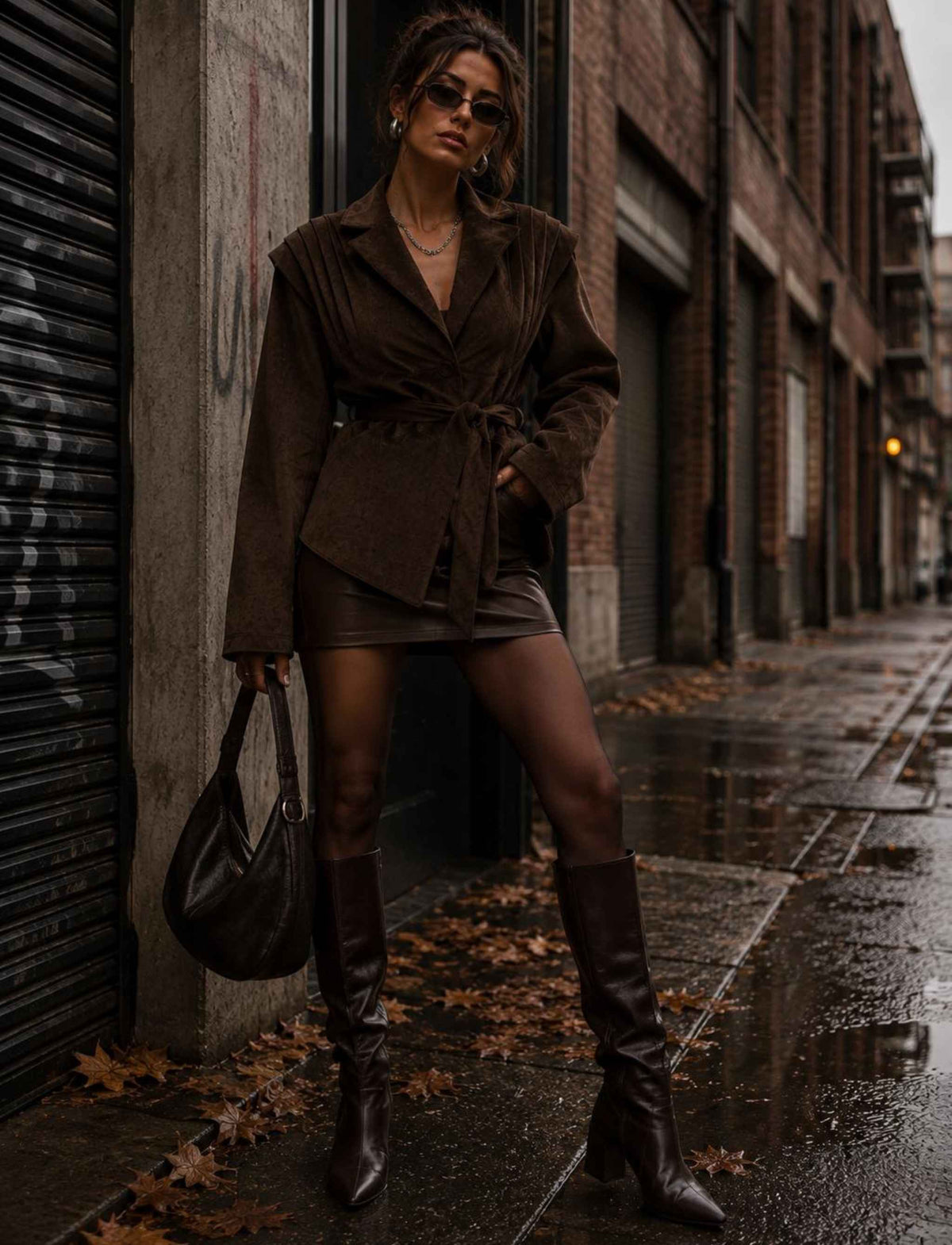 Brauner Blazer für Damen mit Taillengürtel und strukturierter Cordoptik kombiniert mit braunen Shorts und Stiefeln im herbstlichen Rebel Streetstyle