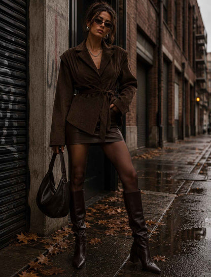 Brauner Blazer für Damen mit Taillengürtel und strukturierter Cordoptik kombiniert mit braunen Shorts und Stiefeln im herbstlichen Rebel Streetstyle