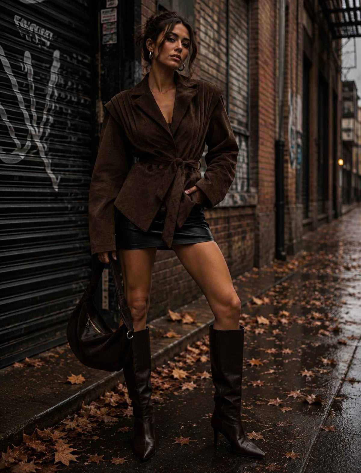 Brauner Cordblazer für Damen mit Taillengürtel kombiniert mit schwarzen Leder-Shorts und kniehohen Stiefeln im herbstlichen Rebel Streetstyle