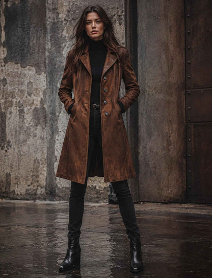 Brauner langer Mantel für Damen in Wildlederoptik mit Knopfleiste und Reverskragen kombiniert mit schwarzem Rollkragenpullover im herbstlichen Rebel Streetstyle