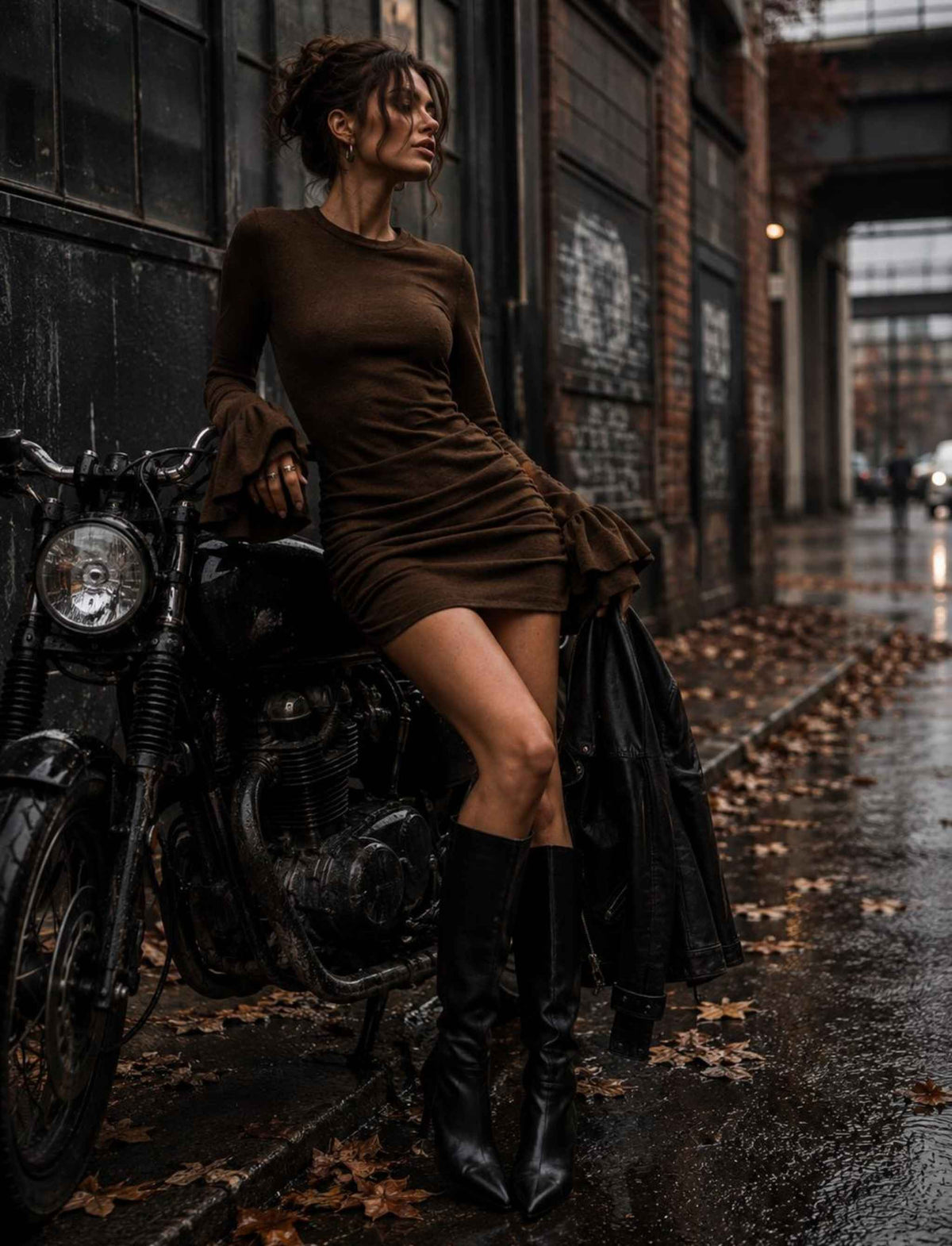 Braunes figurbetontes Minikleid für Damen mit langen Ärmeln und Volantmanschetten kombiniert mit schwarzen Stiefeln im herbstlichen Rebel Streetstyle