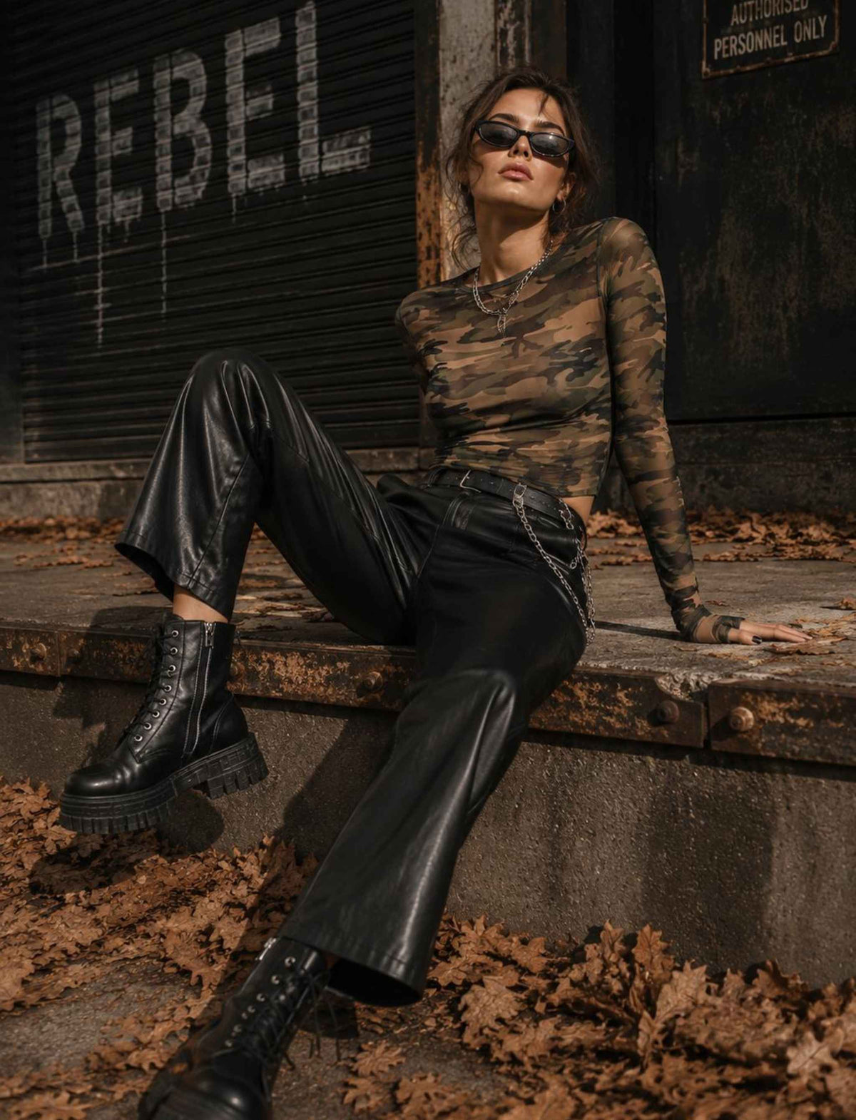 Camouflage Mesh-Top für Damen mit langen Ärmeln kombiniert mit schwarzer Lederhose und Boots im herbstlichen Rebel Streetstyle