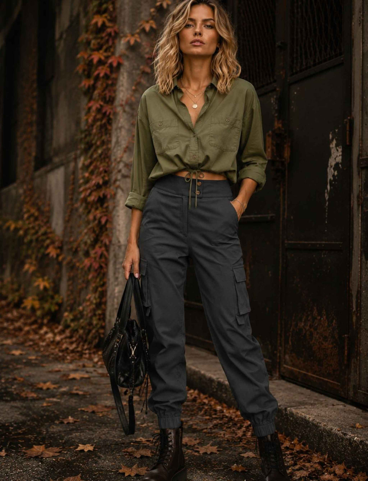 Graue Cargo-Joggerhose für Damen mit hoher Taille und Seitentaschen kombiniert mit khakifarbener Bluse und schwarzen Boots im herbstlichen Rebel Streetstyle