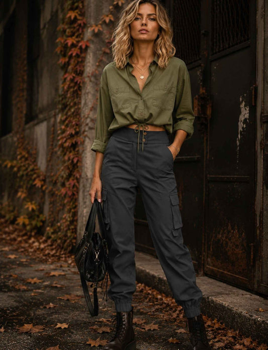 Graue Cargo-Joggerhose für Damen mit hoher Taille und Seitentaschen kombiniert mit khakifarbener Bluse und schwarzen Boots im herbstlichen Rebel Streetstyle