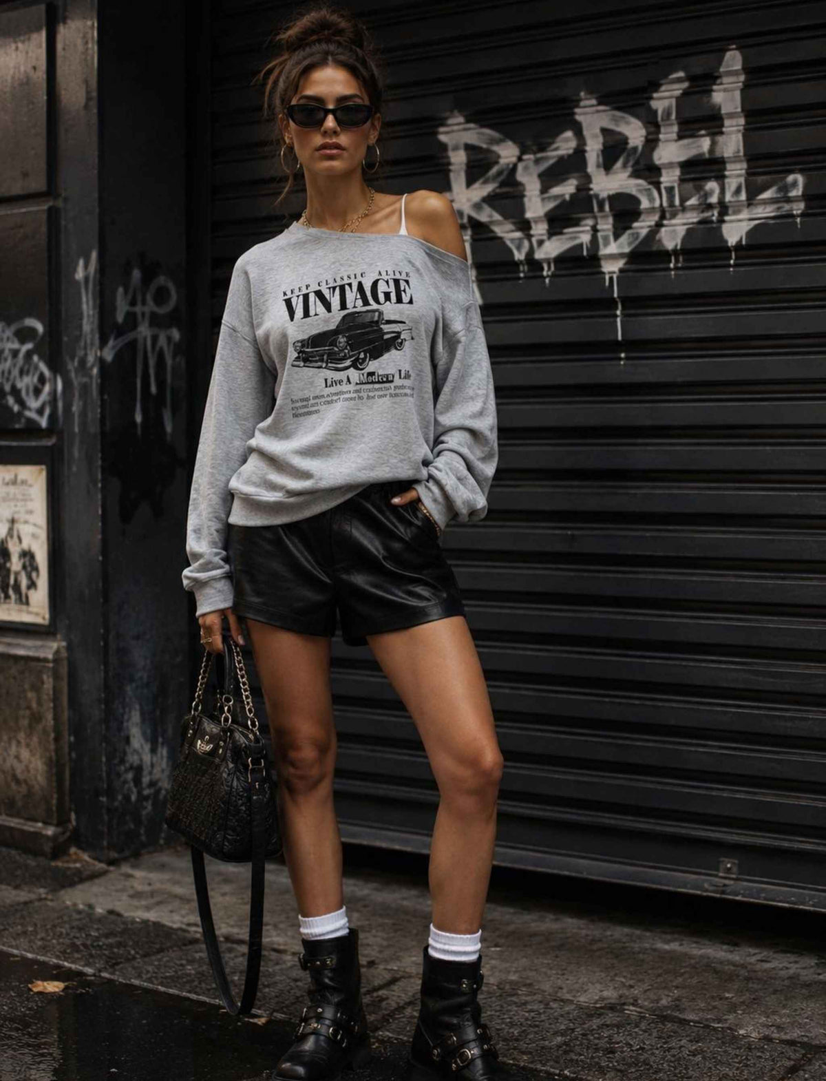 Grauer Vintage-Pullover für Damen im Off-Shoulder-Look kombiniert mit schwarzen Leder-Shorts im herbstlichen Rebel Streetstyle