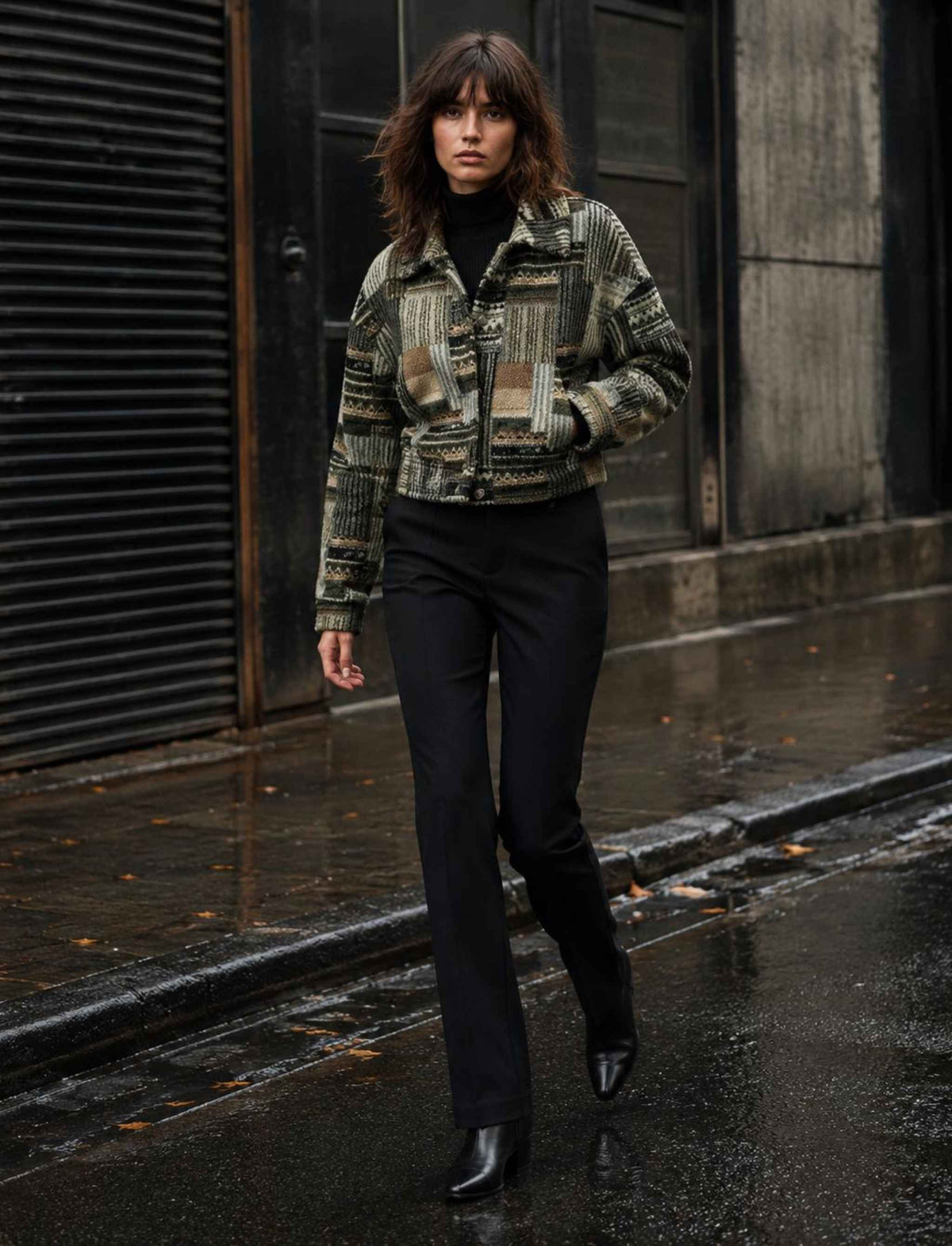 Karierte Bouclé-Jacke für Damen in Grün und Beige mit kurzem Schnitt im herbstlichen Rebel Streetstyle