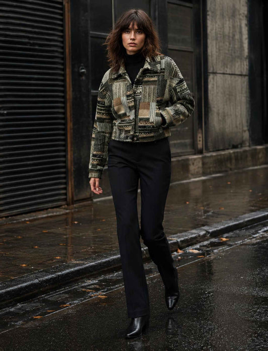Karierte Bouclé-Jacke für Damen in Grün und Beige mit kurzem Schnitt im herbstlichen Rebel Streetstyle