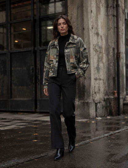 Karierte Bouclé-Jacke für Damen in Grün, Beige und Braun kombiniert mit schwarzer Hose im herbstlichen Rebel Streetstyle