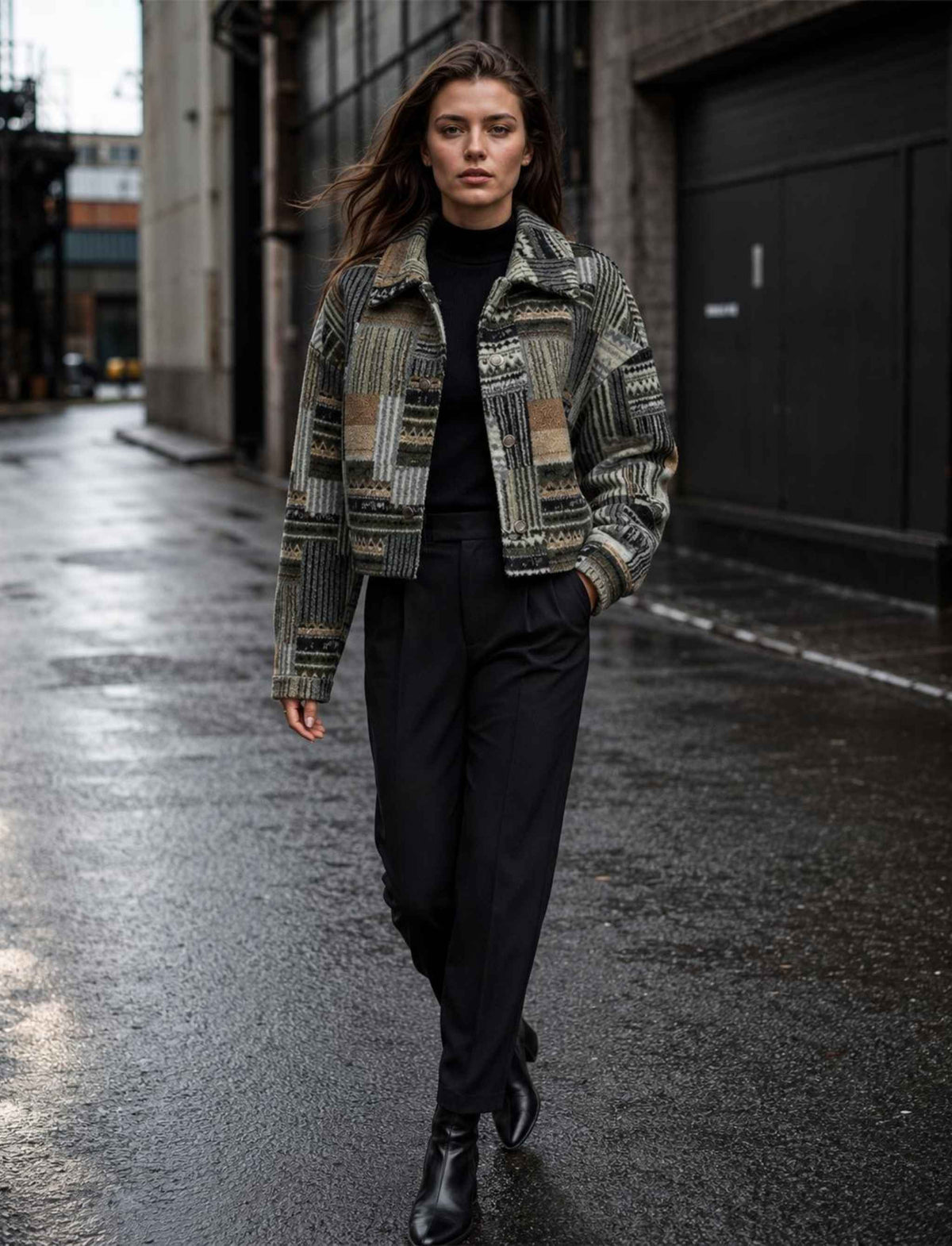 Karierte Bouclé-Jacke für Damen in Grün, Beige und Braun kombiniert mit schwarzem Rollkragenpullover und schwarzer Hose im herbstlichen Rebel Streetstyle