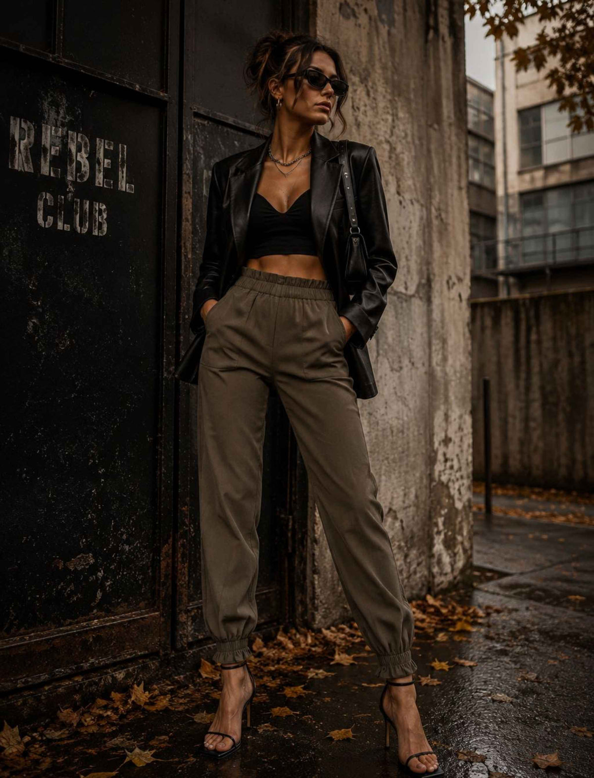 Khakifarbene Joggerhose für Damen mit elastischem Bund kombiniert mit schwarzem Crop-Top und Lederblazer im herbstlichen Rebel Streetstyle