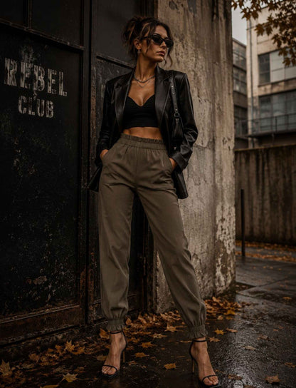 Khakifarbene Joggerhose für Damen mit elastischem Bund kombiniert mit schwarzem Crop-Top und Lederblazer im herbstlichen Rebel Streetstyle