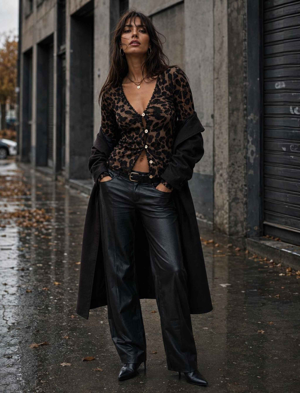 Leoparden-Cardigan für Damen mit V-Ausschnitt und Knopfleiste kombiniert mit schwarzer Lederhose im herbstlichen Rebel Streetstyle