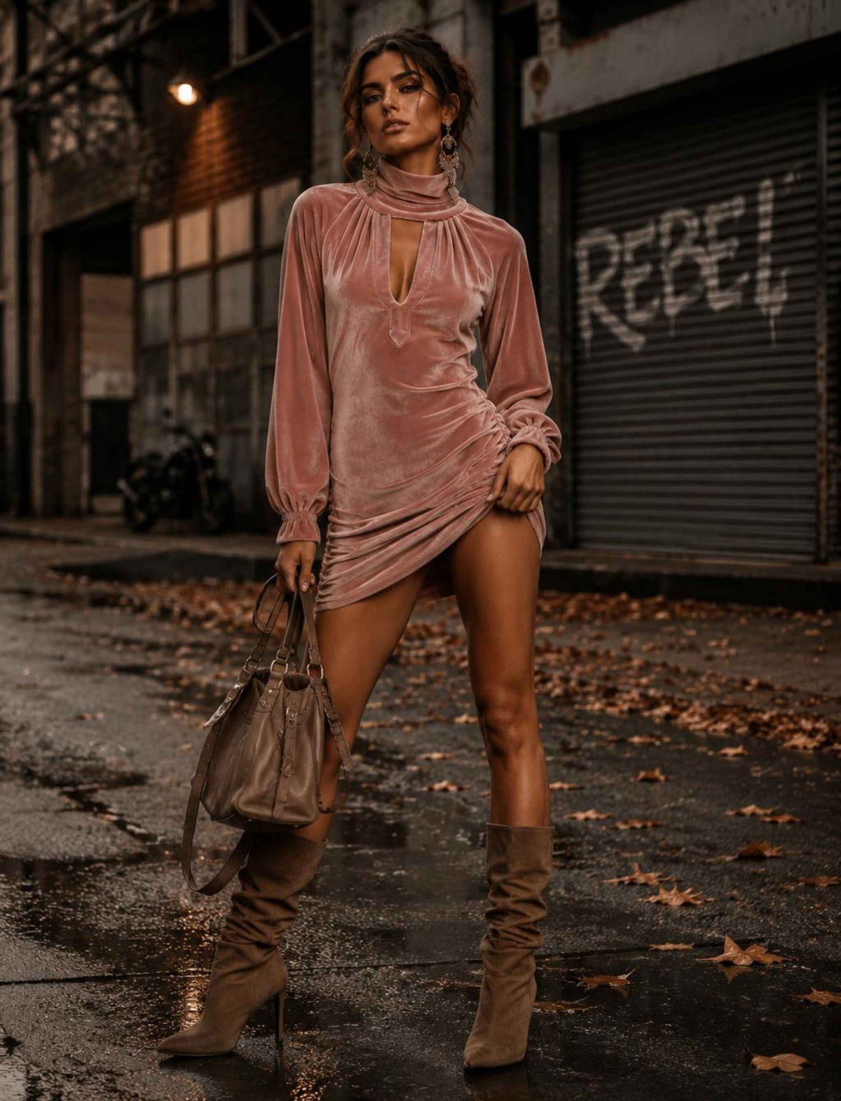 Rosa Velvet-Minikleid für Damen mit langen Ärmeln, Cut-out und seitlicher Raffung im herbstlichen Rebel Streetstyle