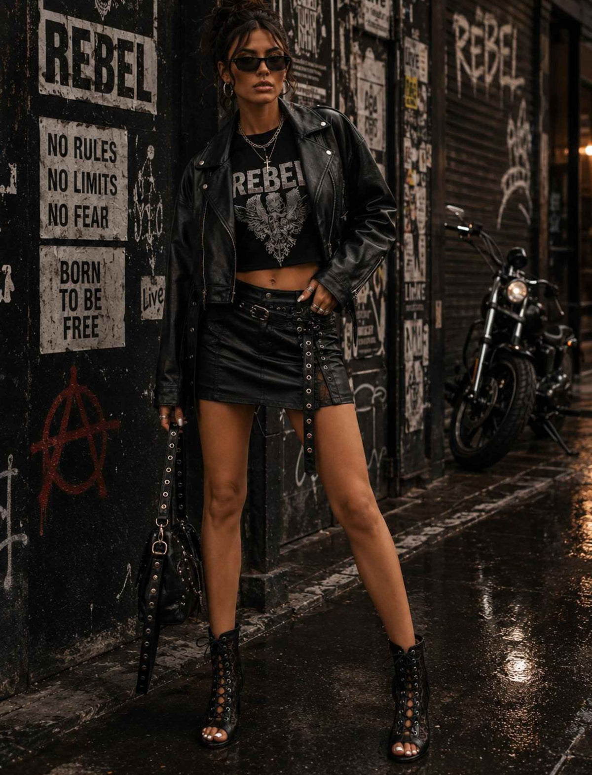 Schwarzer Mini-Jeansrock für Damen mit Nieten-Details kombiniert mit schwarzer Lederjacke und Rebel Shirt im herbstlichen Streetstyle