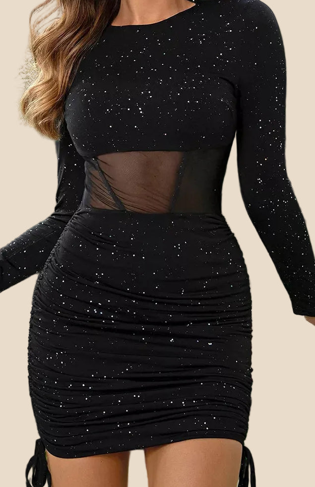 Schwarzes figurbetontes Glitzer-Minikleid für Damen mit transparentem Mesh-Einsatz an der Taille, langen Ärmeln und gerafftem Rock