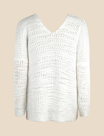 Weißer Oversized-Strickpullover für Damen aus Grobstrick mit weitem Ausschnitt und lässiger Off-Shoulder-Passform