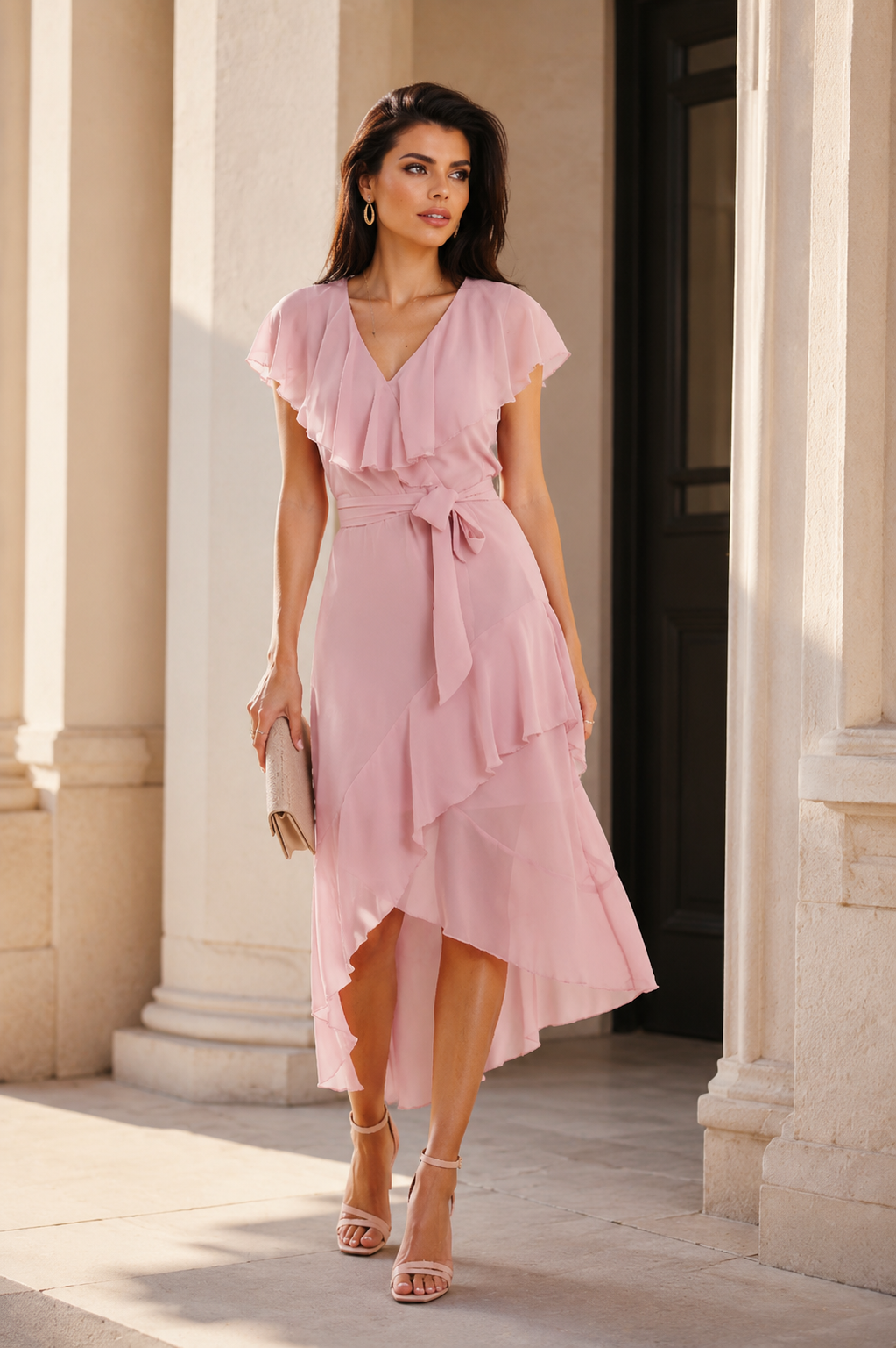 Damen Midikleid mit Volants und V-Ausschnitt, elegantes Kleid für Hochzeit, Hochzeitsgast, Sommerfest, Gartenparty und festliche Anlässe