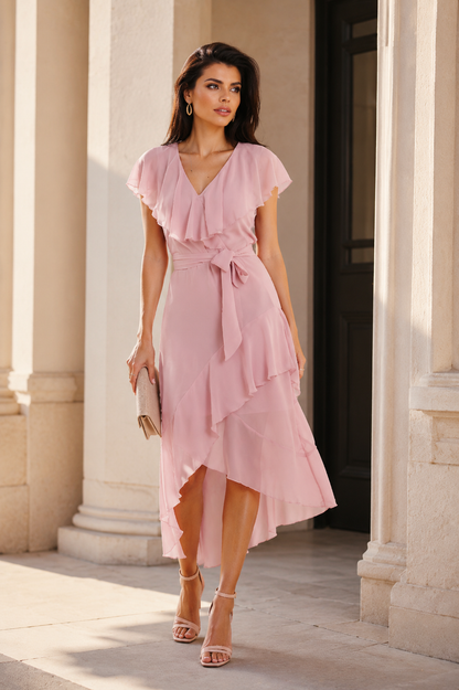Damen Midikleid mit Volants und V-Ausschnitt, elegantes Kleid für Hochzeit, Hochzeitsgast, Sommerfest, Gartenparty und festliche Anlässe