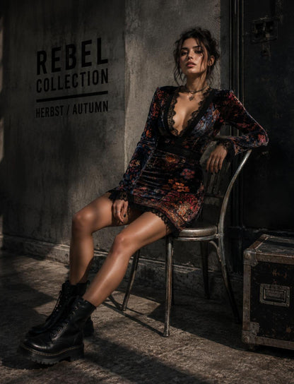Samt-Minikleid für Damen mit floralem Muster und Spitzendetails kombiniert in einem eleganten Herbst-Outfit