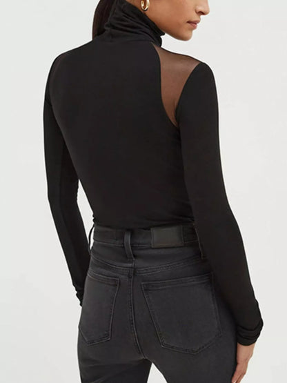 Schwarzer Mesh-Body für Damen mit Rollkragen und körpernaher Passform in Seitenansicht