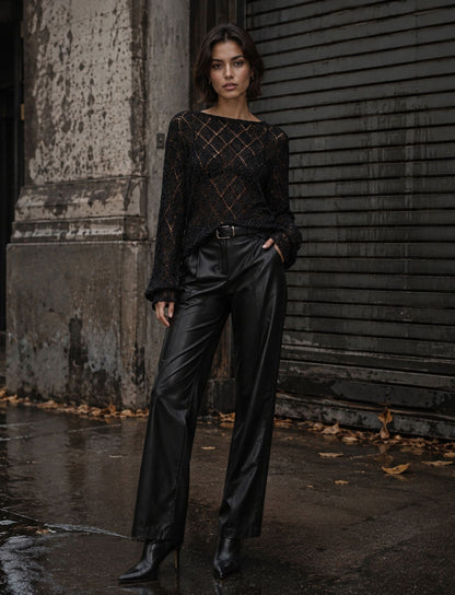 Langarm Strickpullover für Damen mit transparenter offener Strickstruktur und Lochmuster