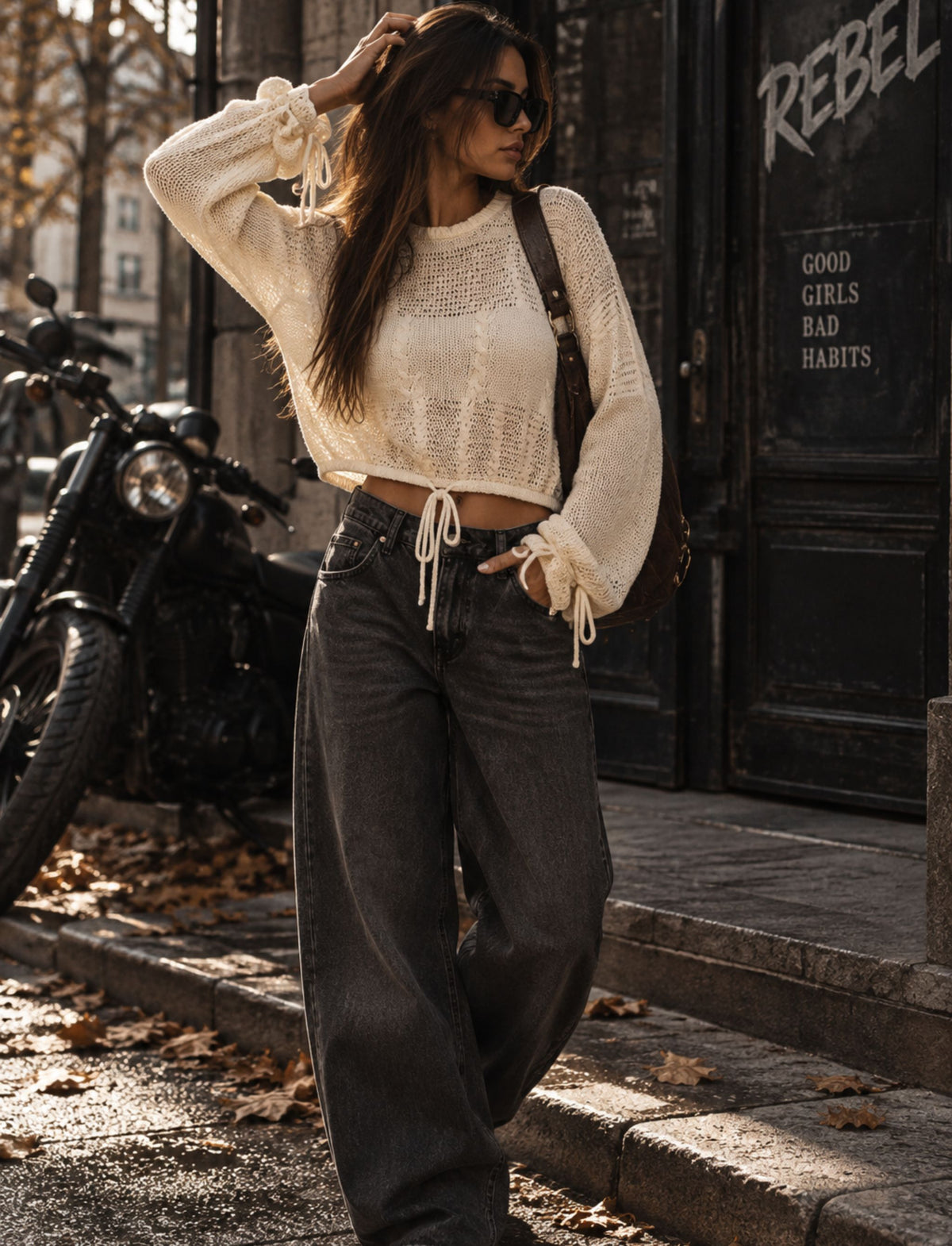 Transparentes Damen Langarm-Top mit Kordelzug am Saum kombiniert in einem herbstlichen Outfit