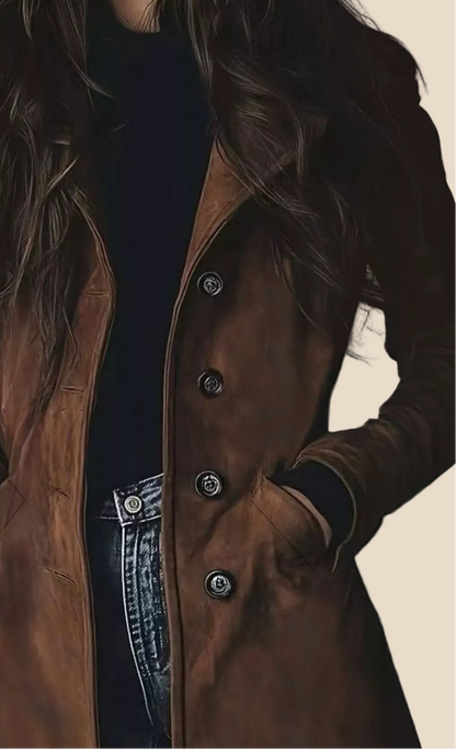 Detailansicht des braunen Damen Trenchcoats mit Kragen und Knopfleiste