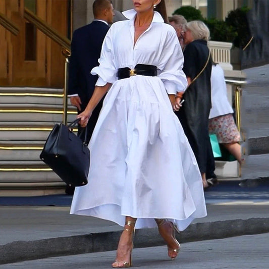 Weißes Damen Midikleid mit Gürtel und Reverskragen