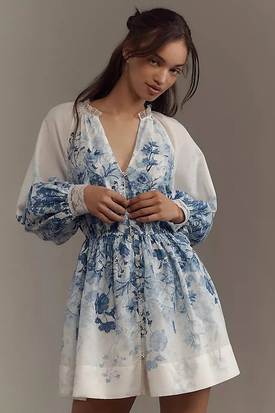Damen Minikleid mit Blumenmuster und Puffärmeln