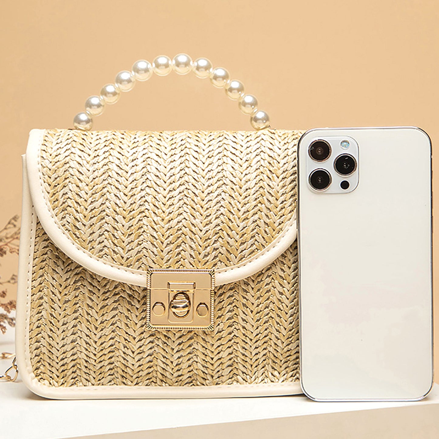 Perlenbesetzte Strohhandtasche Damen