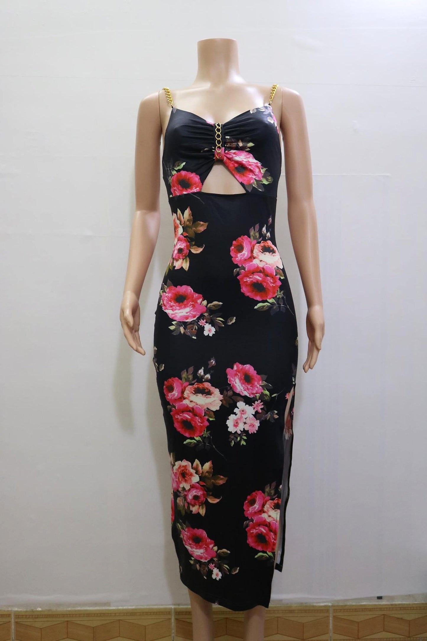 Damen Maxikleid mit Blumenmuster und Beinschlitz