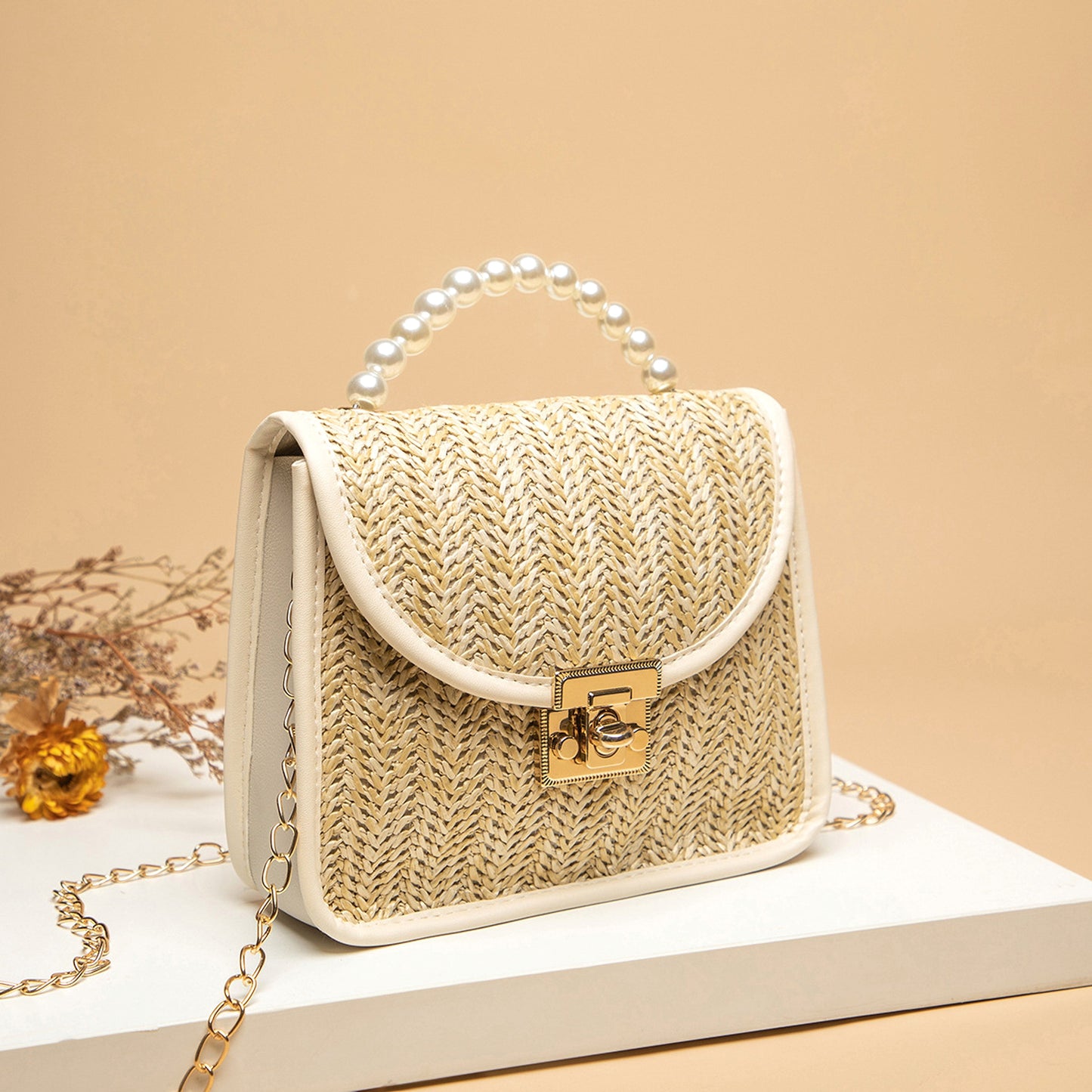 Perlenbesetzte Strohhandtasche Damen