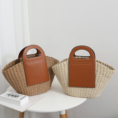 Retro Strohtasche mit Kontrastgriff Damen – SolunaWeave™