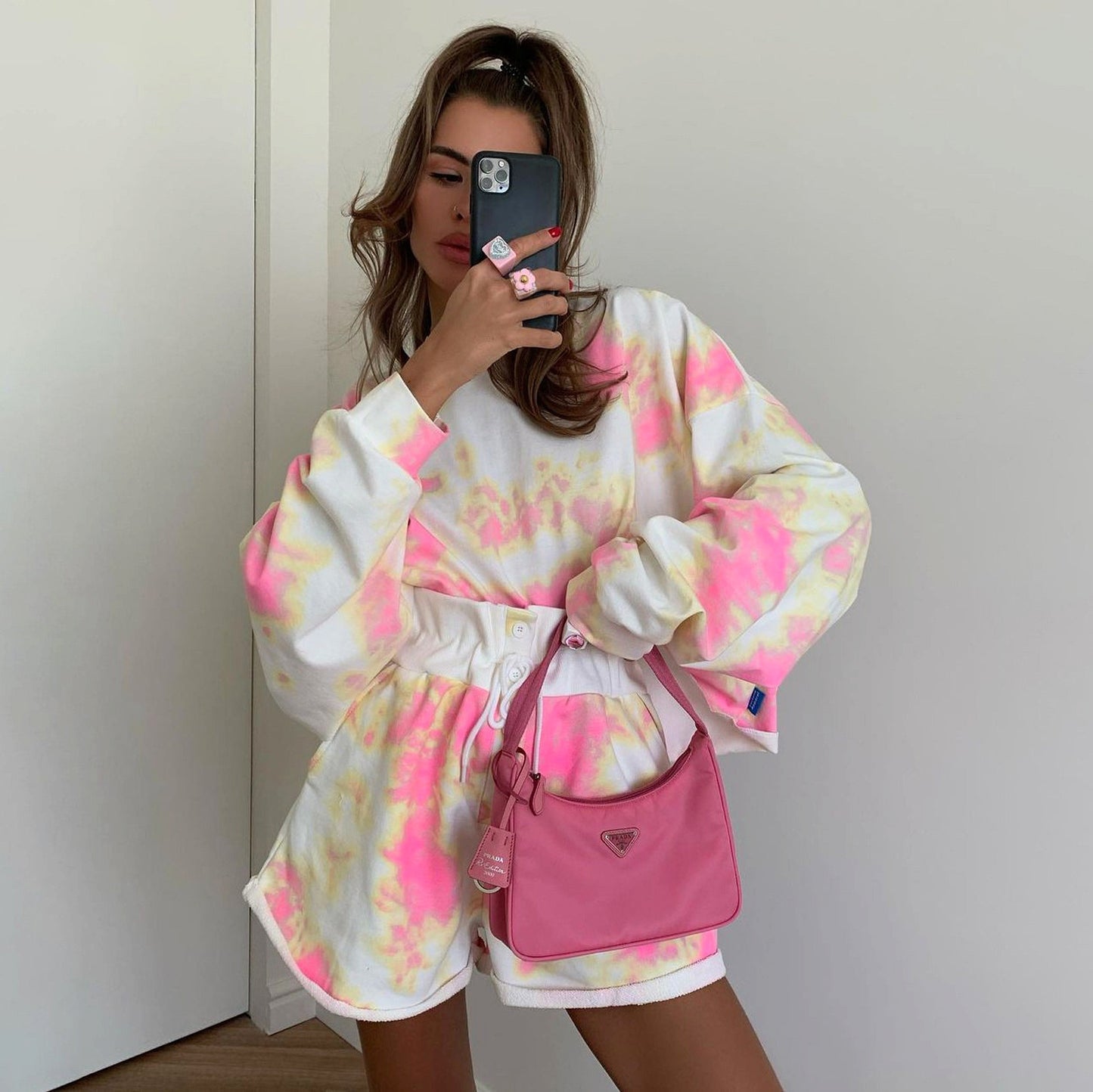 Lace-up Shorts Tie-dye Two-piece Set For Women
