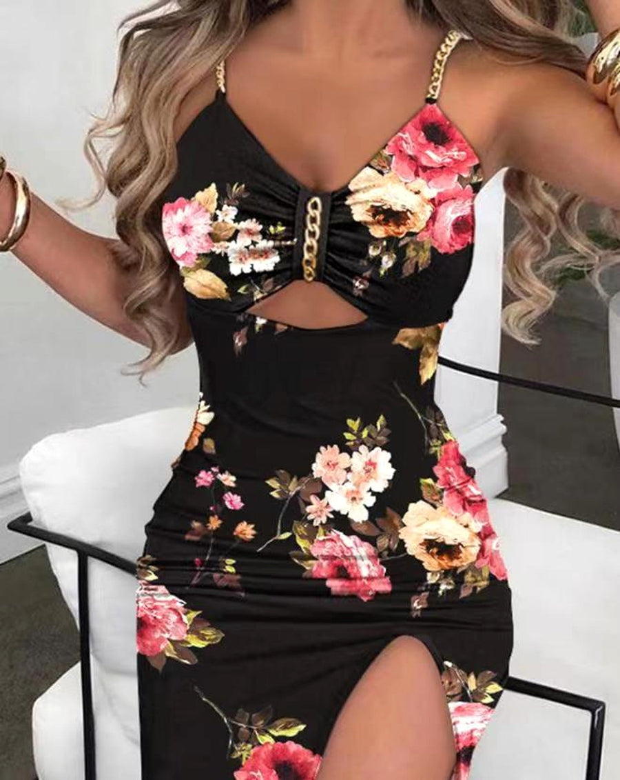 Damen Maxikleid mit Blumenmuster und Beinschlitz